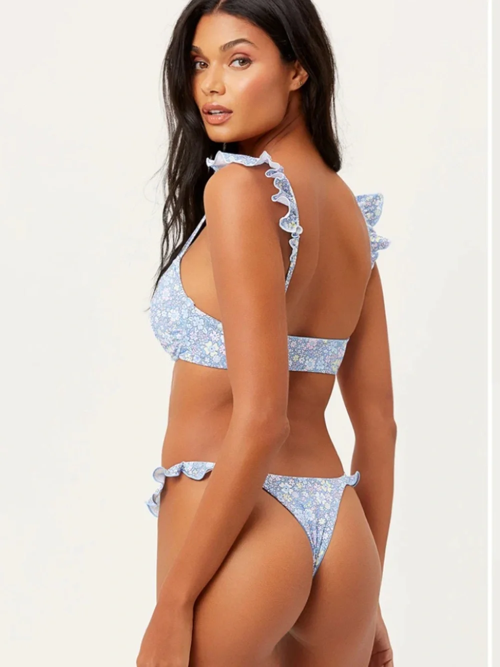 Frankie's Bikinis Light Blue Floral Ruffle Set